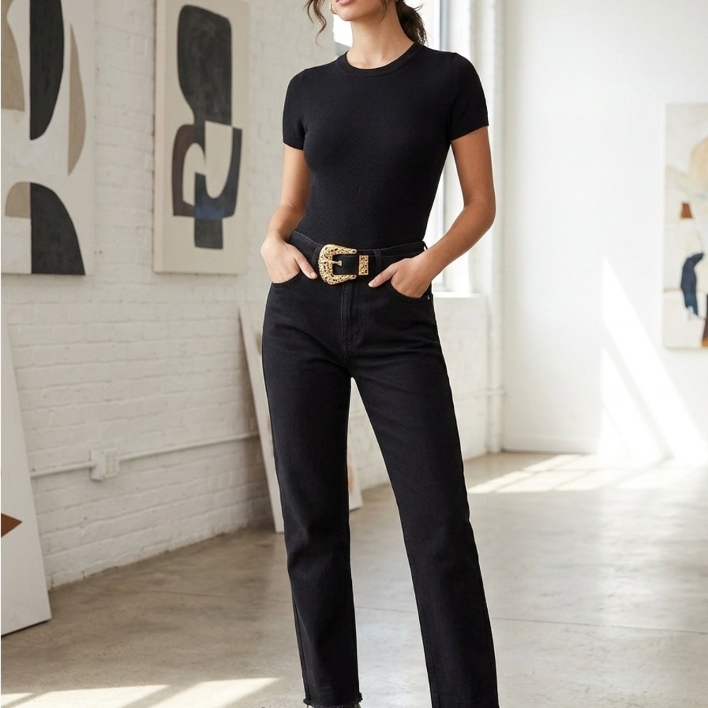 Le' AL.X Black Straight Leg High Rise Jeans with Gold Western Belt Details - Siz